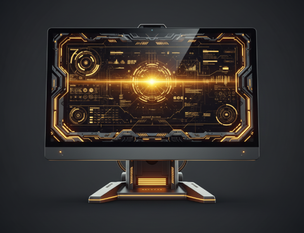 Ordenador All-in-One reacondicionado con pantalla futurista y diseño tecnológico en tonos ámbar