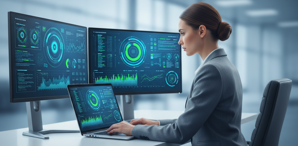 Banner superior con fondo azul y mujer profesional trabajando en un portátil