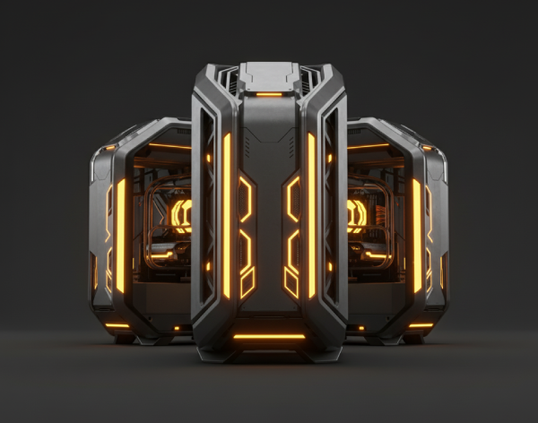 Banner con workstation futurista iluminada en tonos dorados y anaranjados sobre fondo grafito