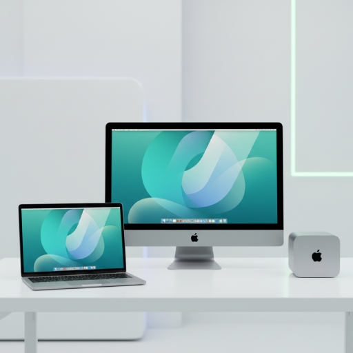 Equipos Apple reacondicionados — MacBook, iMac y Mac Mini — en entorno moderno, con colores vivos y estilo tecnológico premium
