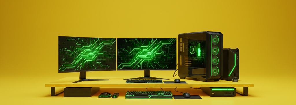 Banner superior con fondo amarillo y equipo informático con luces verdes