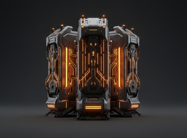 Computador futurista reacondicionado com iluminação laranja e design de alto desempenho