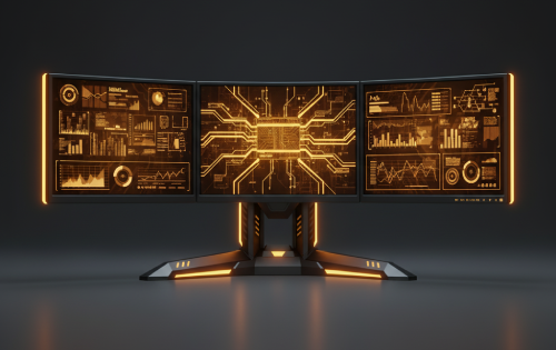 Monitores reacondicionados triples con iluminación ámbar y diseño futurista de alto rendimiento