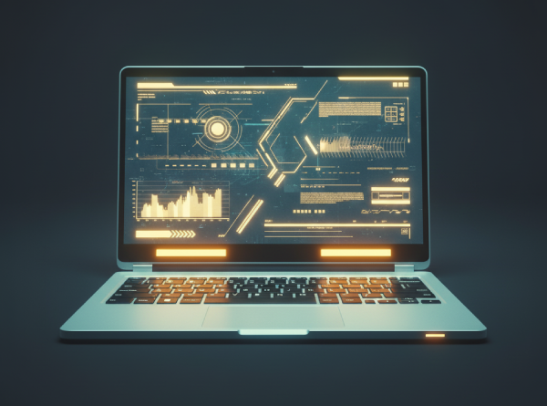 Banner con portátil futurista en tonos dorados sobre fondo grafito oscuro