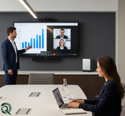 Executivos em sala de reuniões a usar mini-PC recondicionado da Revaliq para apresentações e streaming corporativo