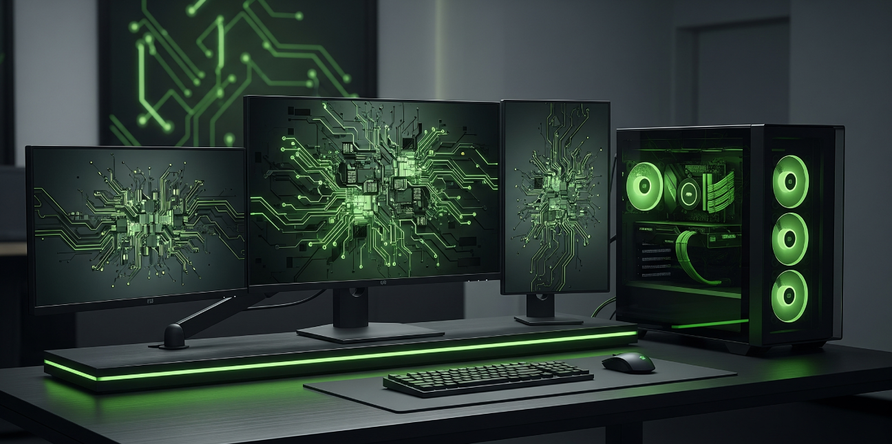 Workstation recondicionada com múltiplos monitores, desempenho profissional sem desculpas – Revaliq