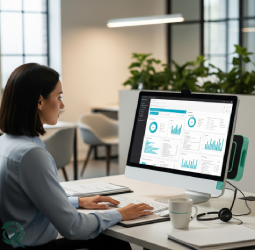 Profissional em escritório moderno a usar computador All-in-One recondicionado da Revaliq para produtividade