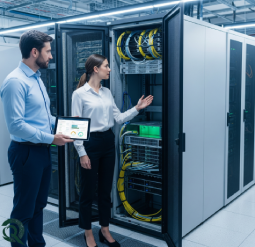 Profissionais de IT a trabalhar com servidores recondicionados em rack numa empresa – Revaliq