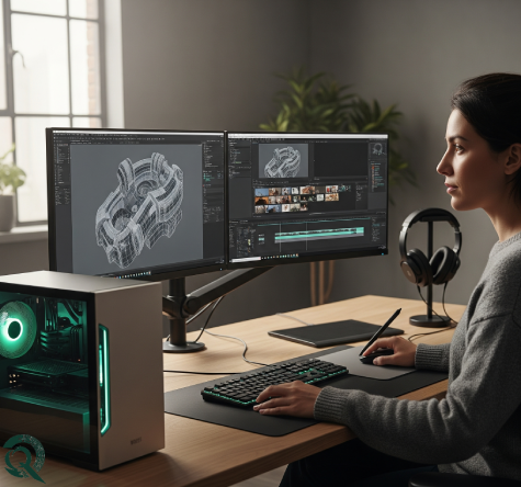 Profissional criativo a trabalhar numa workstation recondicionada com dois monitores para modelação 3D e edição de vídeo – Revaliq