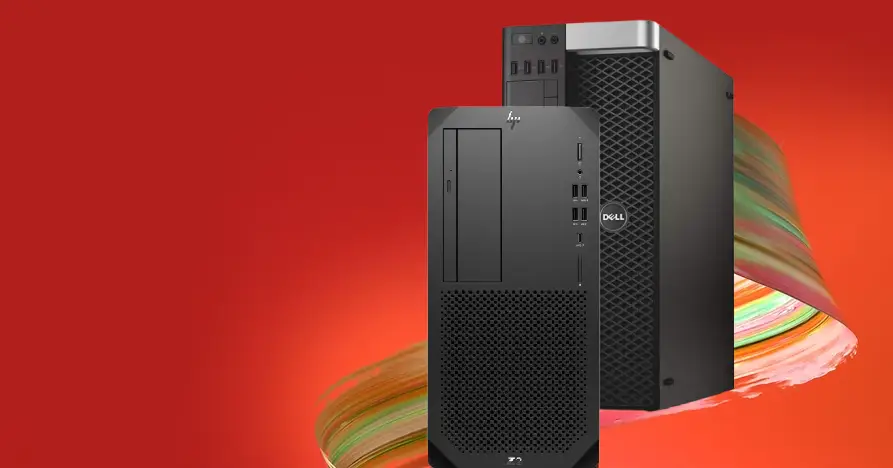 Workstations recondicionadas Dell e HP em fundo vermelho vibrante – desempenho e fiabilidade Recondi.