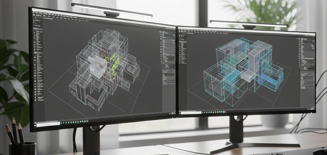 Banner de monitores recondicionados da Recondi em secretária moderna, ideais para design, dados e produtividade empresarial