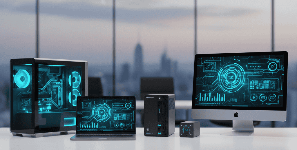 Workstation, portátil, mini-PC e monitor Recondi em ambiente corporativo — tecnologia recondicionada premium.