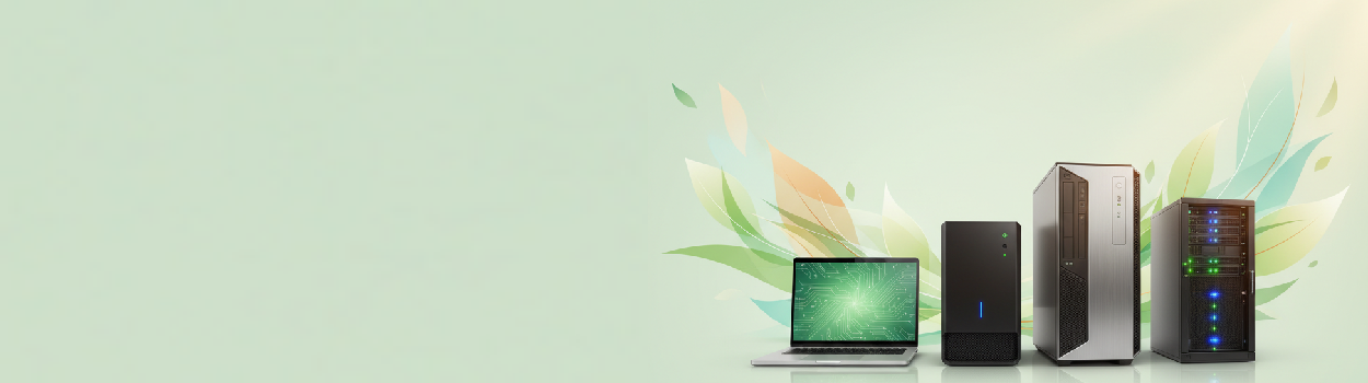Imagem com fundo verde-claro e folhas estilizadas simbolizando sustentabilidade. Em primeiro plano, um portátil, um computador desktop, uma workstation torre e um servidor rack representam tecnologia recondicionada e ecológica