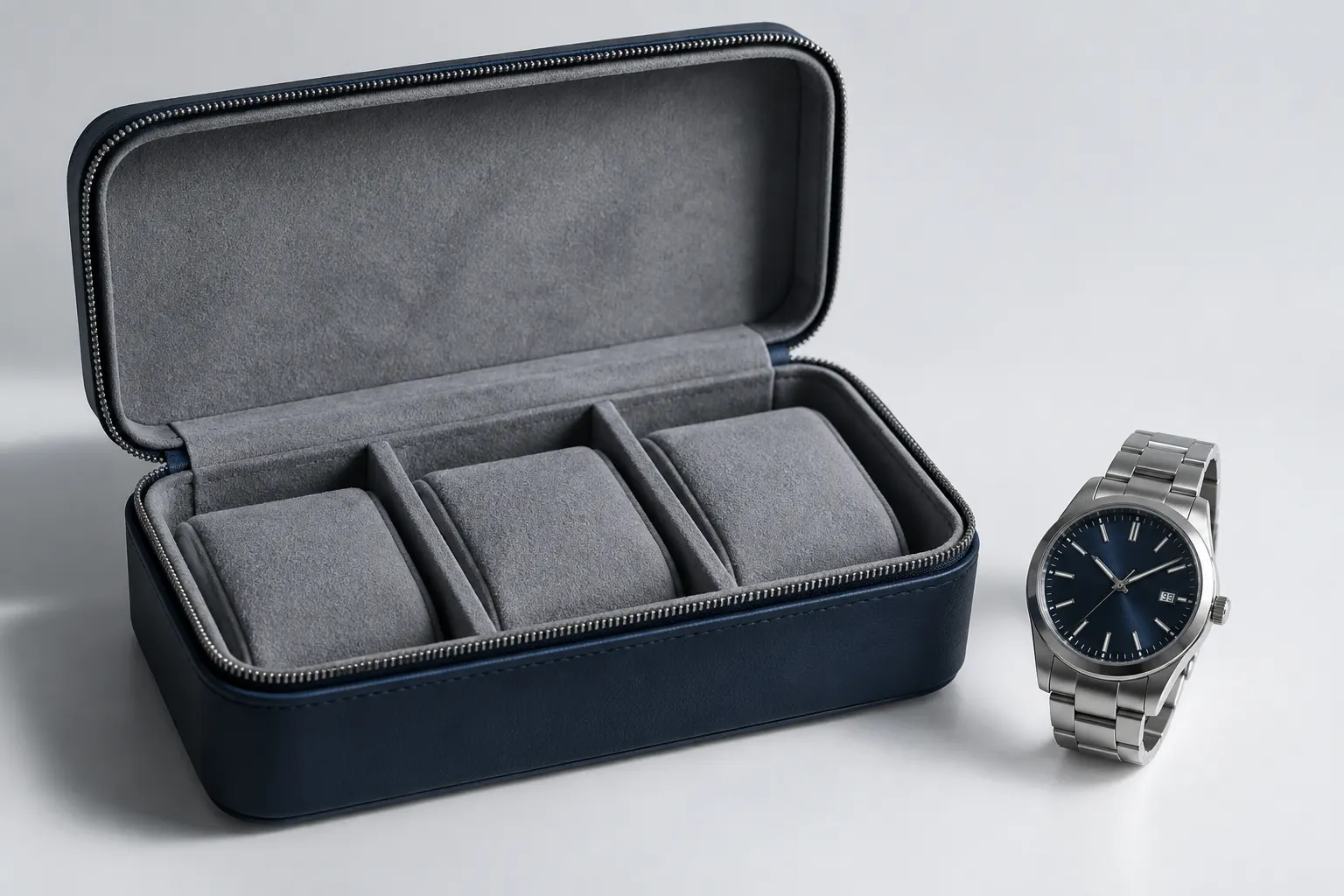 Estuche abierto con compartimentos acolchados junto a un reloj de acero.