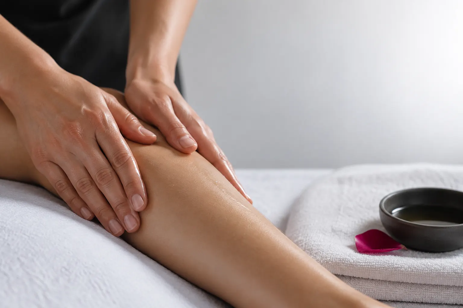 Mãos cuidando suavemente do braço de uma pessoa durante uma massagem.