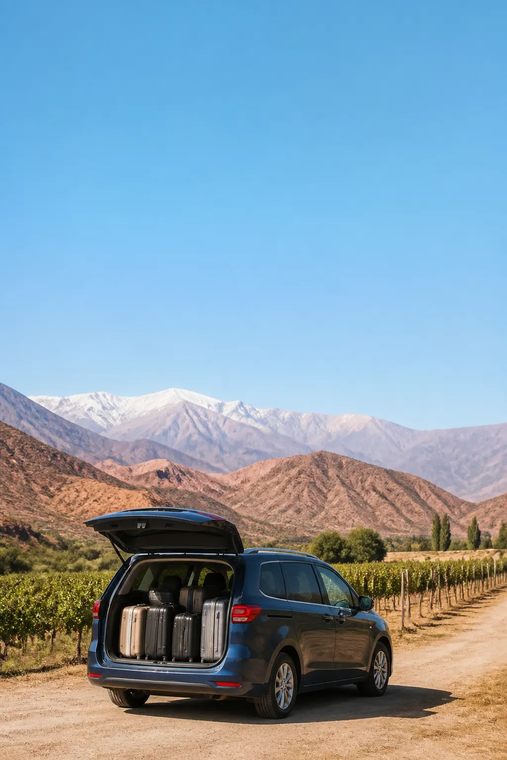 Minivan reciente con equipaje junto a un camino entre viñedos del valle de Aconcagua.