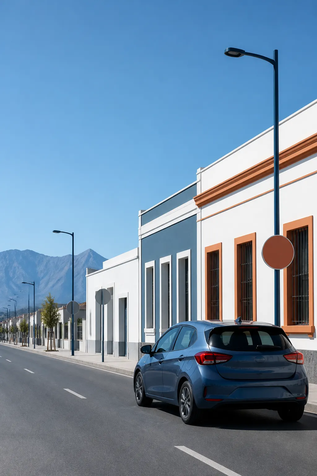 Automóvil compacto reciente recorriendo una calle despejada de San Felipe con montañas al fondo.