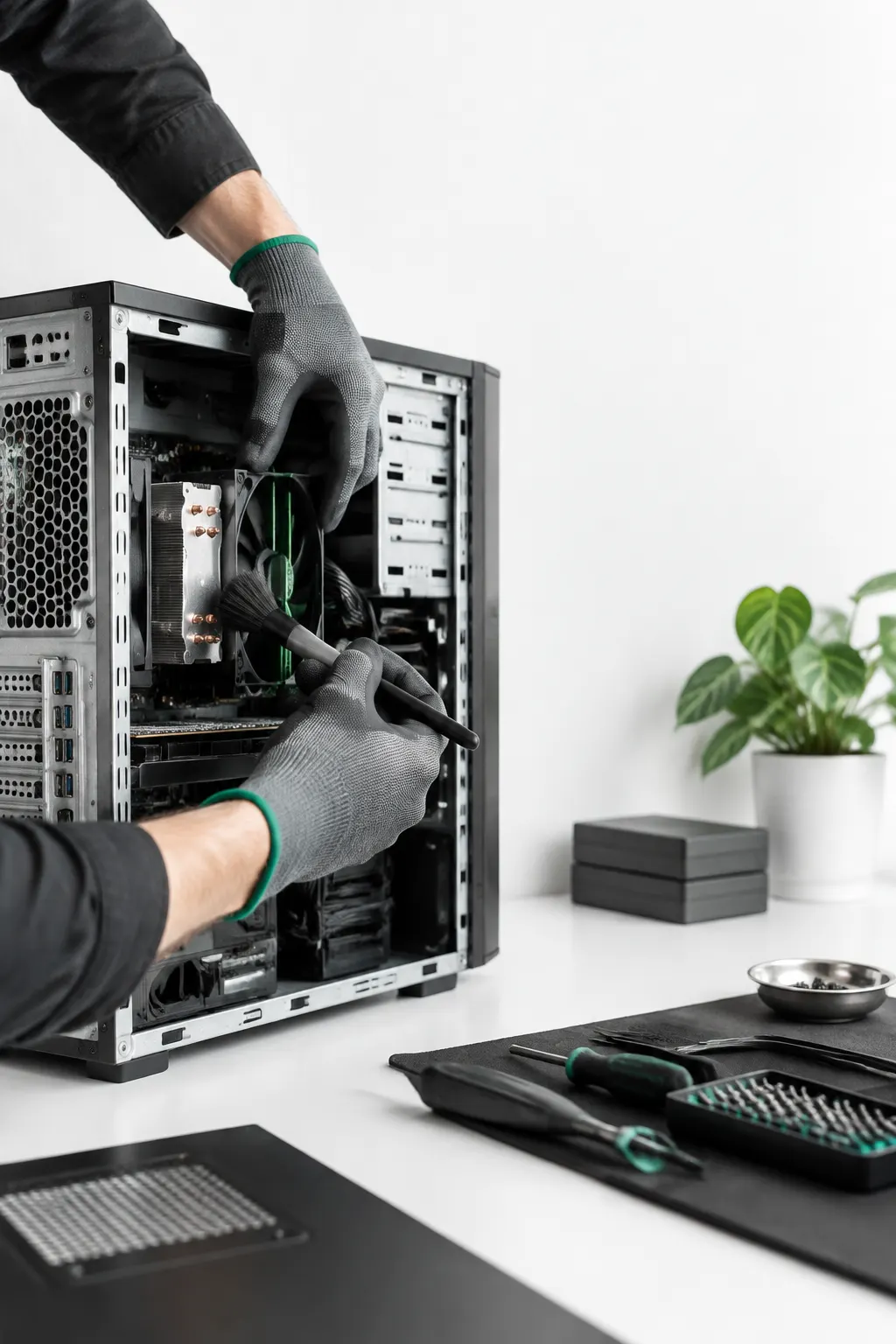 Técnico a diagnosticar e limpar um computador profissional numa bancada organizada.