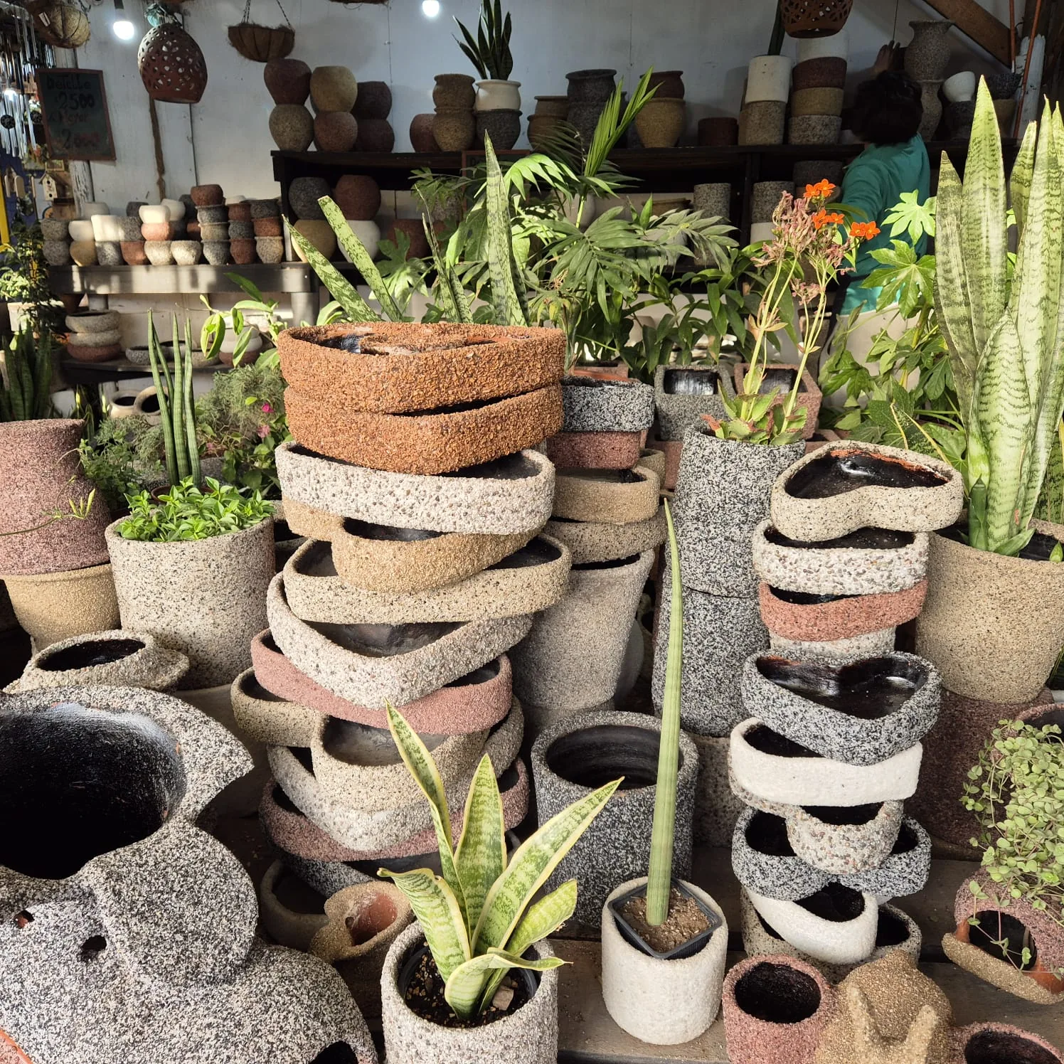 Maceteros en tonos piedra, arena y terracota con plantas naturales