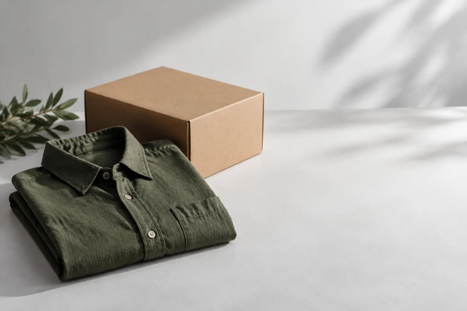 Una camisa masculina usada, doblada junto a una caja lisa sin marcas sobre un fondo claro.