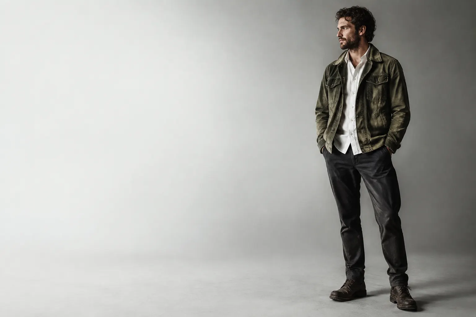 Un hombre vestido con chaqueta oliva, camisa blanca y pantalón oscuro posa junto a un amplio fondo blanco.