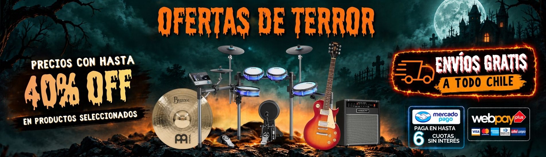 Ofertas de Terror Halloween 2026 en Sagás Music Shop: hasta 40% de descuento en instrumentos musicales seleccionados y envíos gratis a todo Chile.