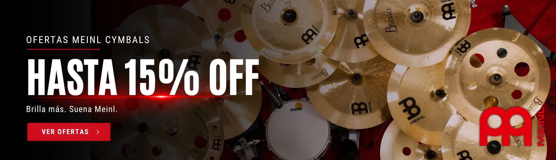 Banner de ofertas Meinl Cymbals con hasta 15% OFF en platillos profesionales