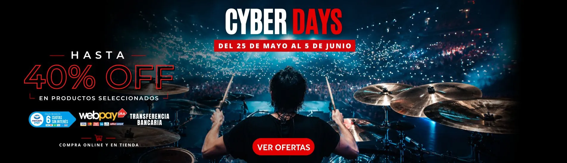 Banner Cyber Days Sagás Music Shop con hasta 40% de descuento en instrumentos musicales