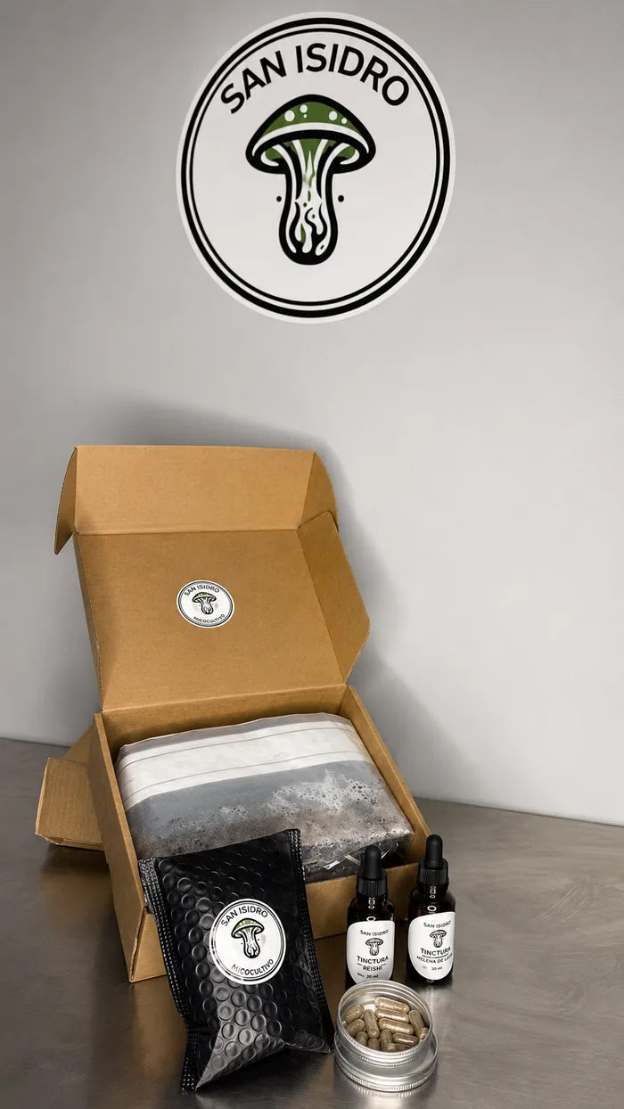 Kit San Isidro con sustrato colonizado, viales y accesorios preparados para cultivo de hongos