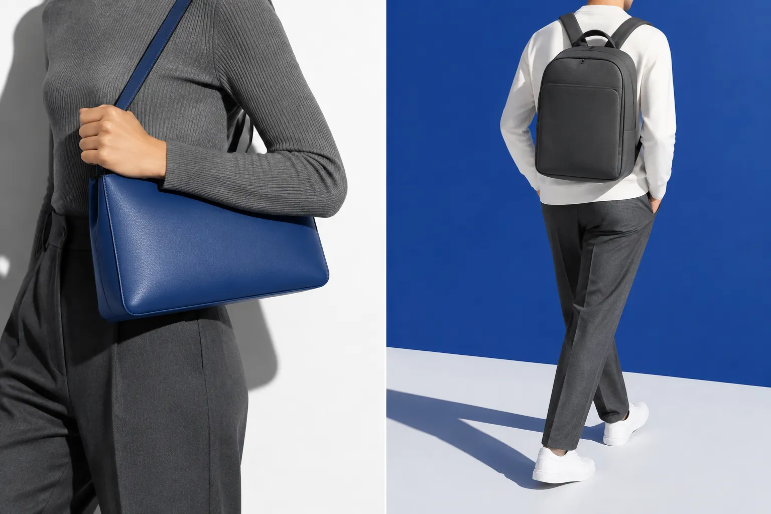Dois retratos de pessoas totalmente vestidas usando acessórios diferentes, sobre fundos branco e azul.