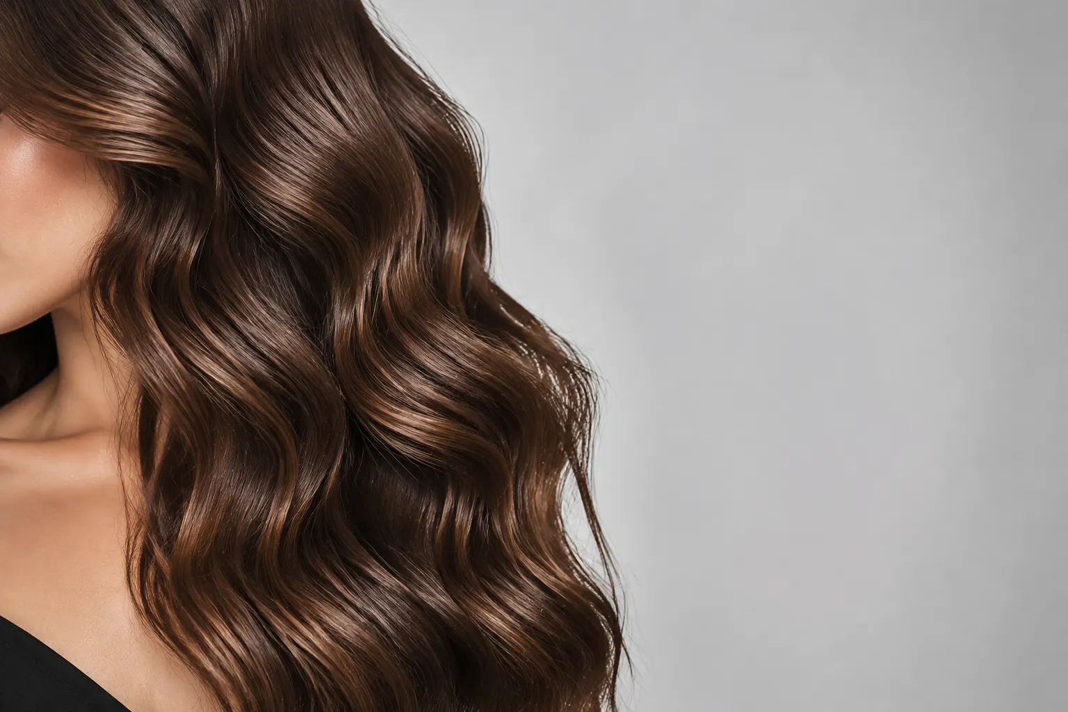 Detalle de ondas castañas con textura visible junto a un espacio gris claro.