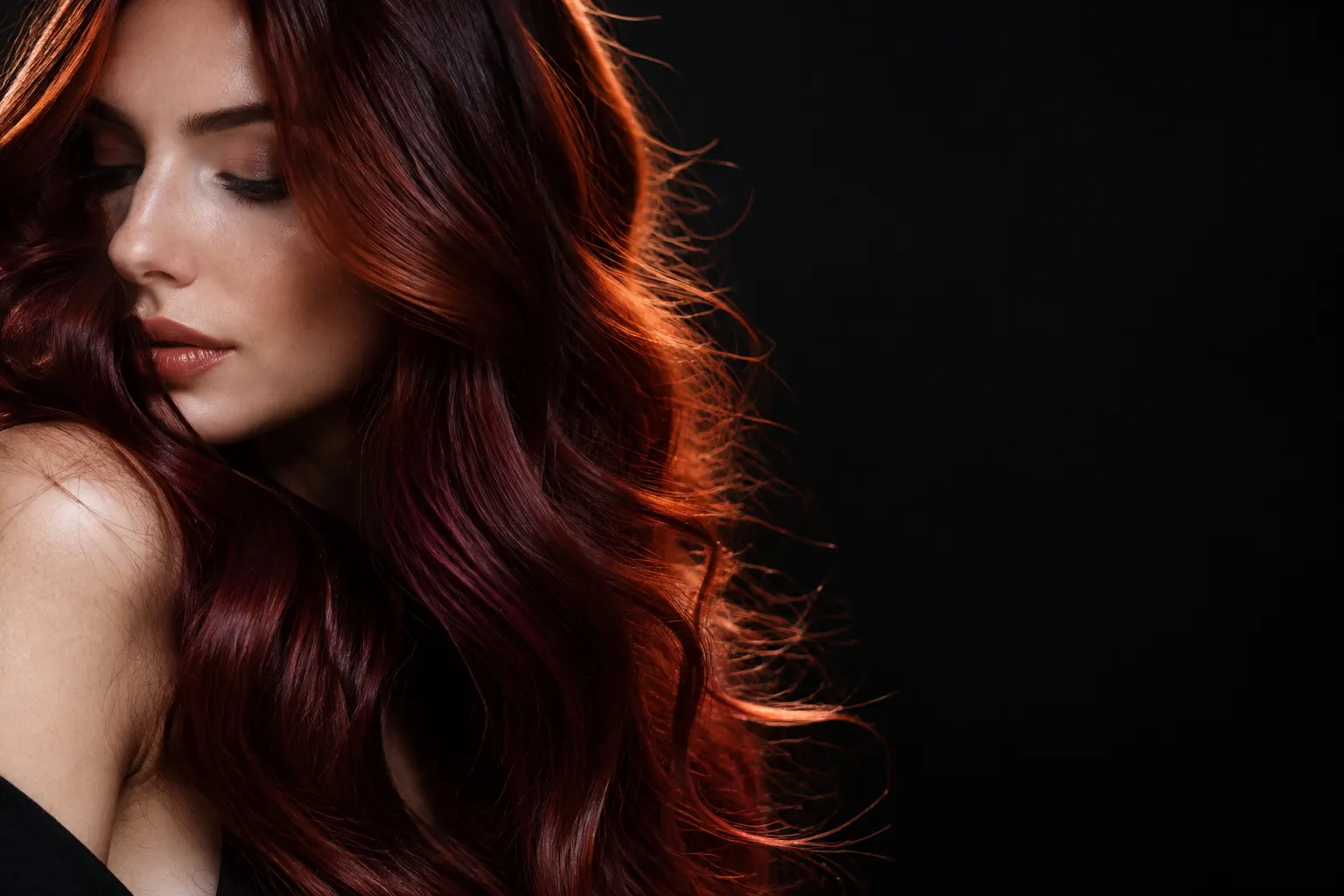 Cabello cobrizo y borgoña iluminado sobre un fondo negro.