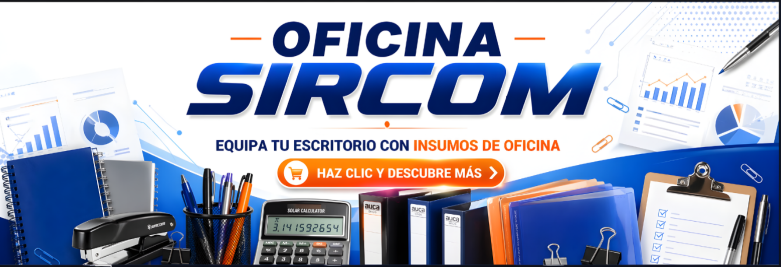 Banner de insumos de oficina Sircom con útiles de escritorio, archivadores, calculadora, corchetera, lápices y documentos para equipar espacios de trabajo