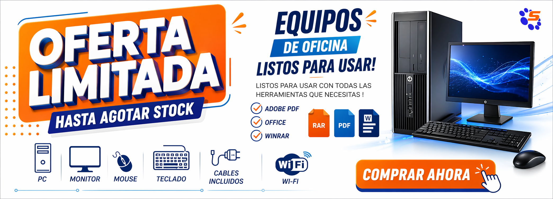 Oferta limitada de equipos de oficina Sircom con PC, monitor, mouse, teclado, cables incluidos y Wi-Fi listos para usar