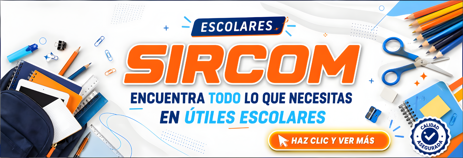 Banner de útiles escolares Sircom con cuadernos, lápices, mochila, tijeras y materiales escolares para estudiantes