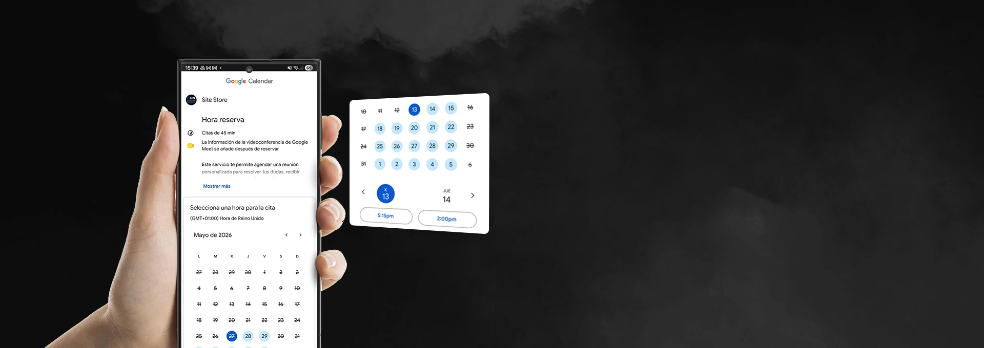 Smartphone mostrando interfaz de Google Calendar para agendar reunión con SiteStore