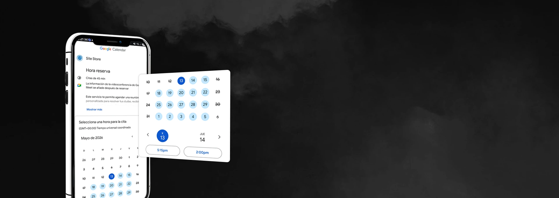 Smartphone mostrando interfaz de Google Calendar para agendar reunión con SiteStore