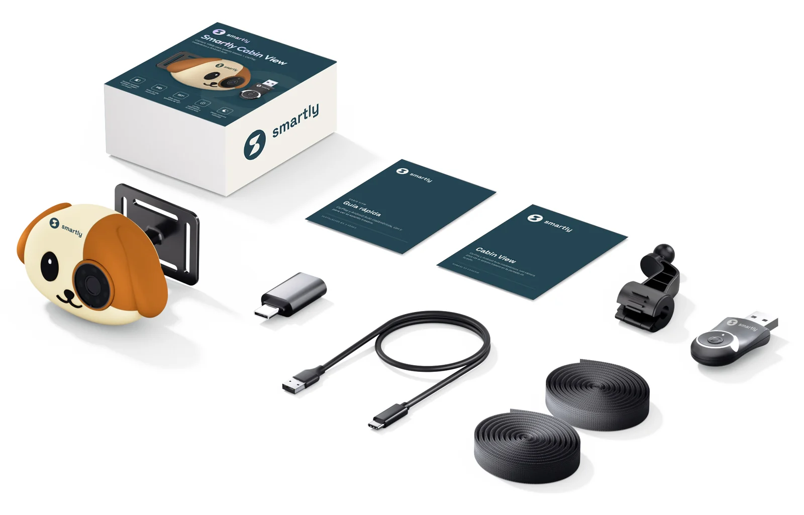 Todo lo que viene en la caja de Smartly Cabin View: la cámara, el receptor USB, el soporte de barra, el soporte de correa, el cable, el adaptador USB-A a USB-C, las dos correas y los manuales