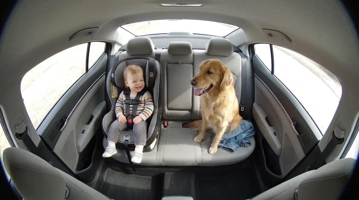 Vista de la cámara de día: un niño en su silla y el perro en el asiento trasero