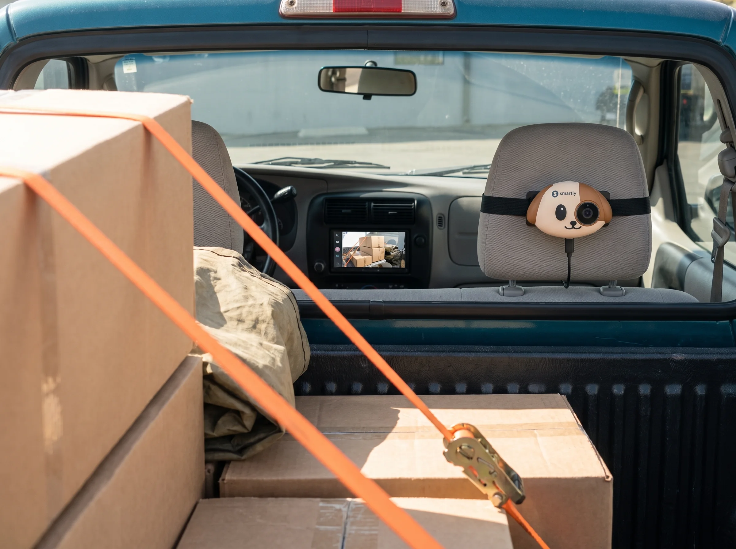 Cámara Smartly Cabin View sujeta con su correa al cabezal de una camioneta, apuntando a la caja cargada con cajas amarradas; la vista aparece en la pantalla del tablero