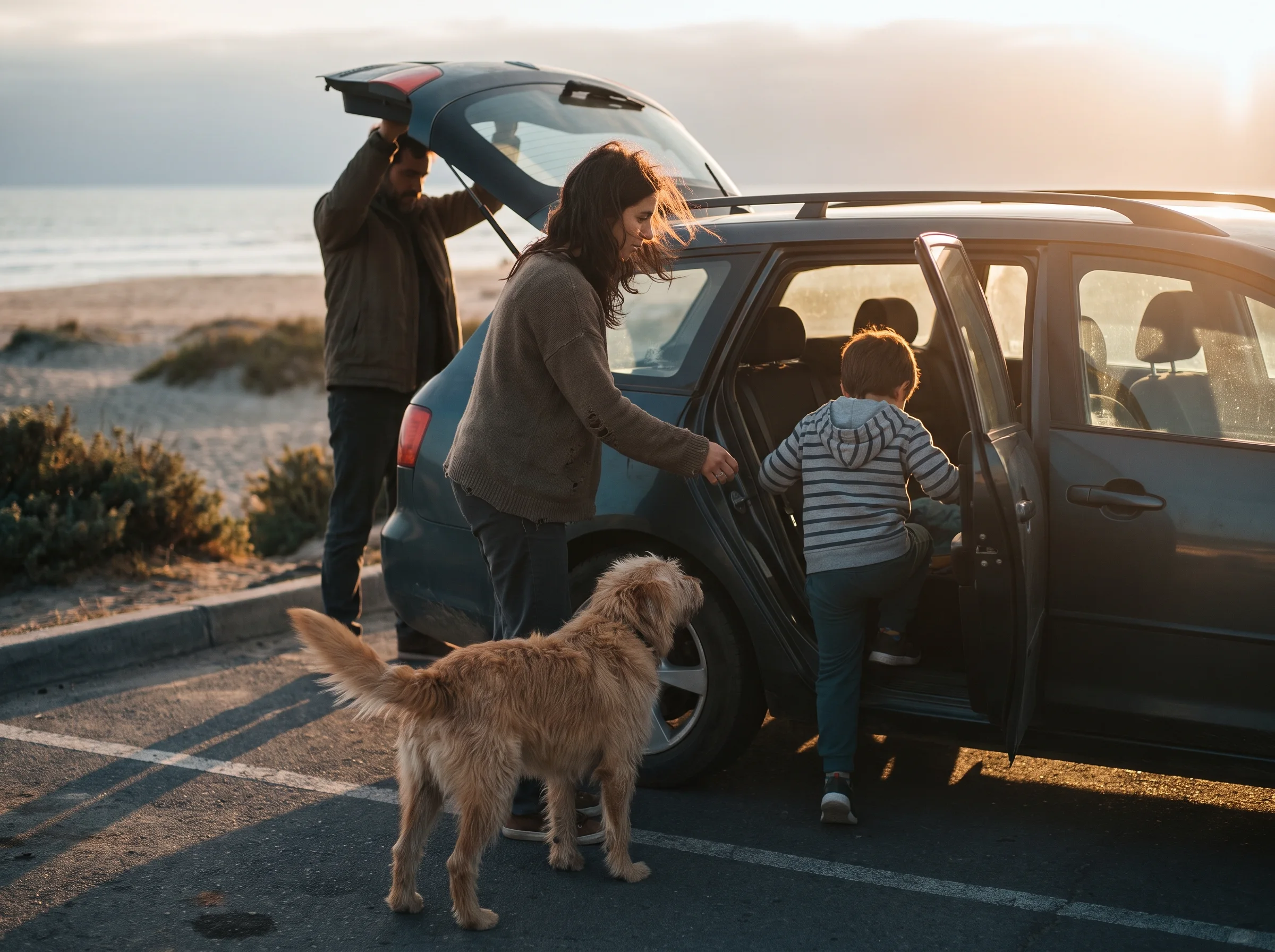 Una familia y su perro subiendo al auto frente a la playa con luz de atardecer: el niño entra al asiento trasero mientras la madre sostiene la puerta