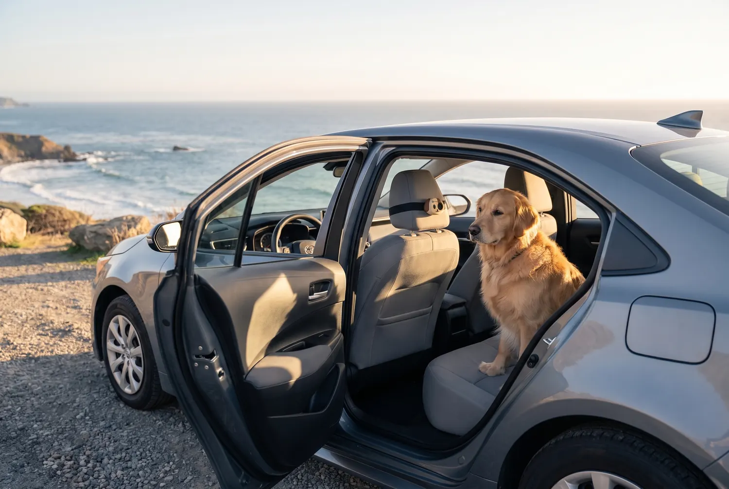 Auto estacionado frente al mar con el perro en el asiento trasero y la cámara Smartly en el reposacabezas
