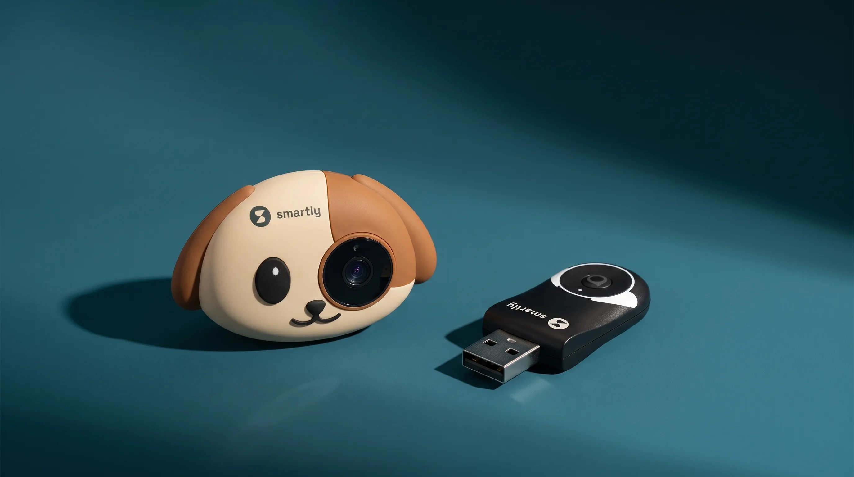 La cámara Smartly Cabin View junto al receptor USB inalámbrico sobre un fondo azul: el mismo equipo resuelve las dos cosas