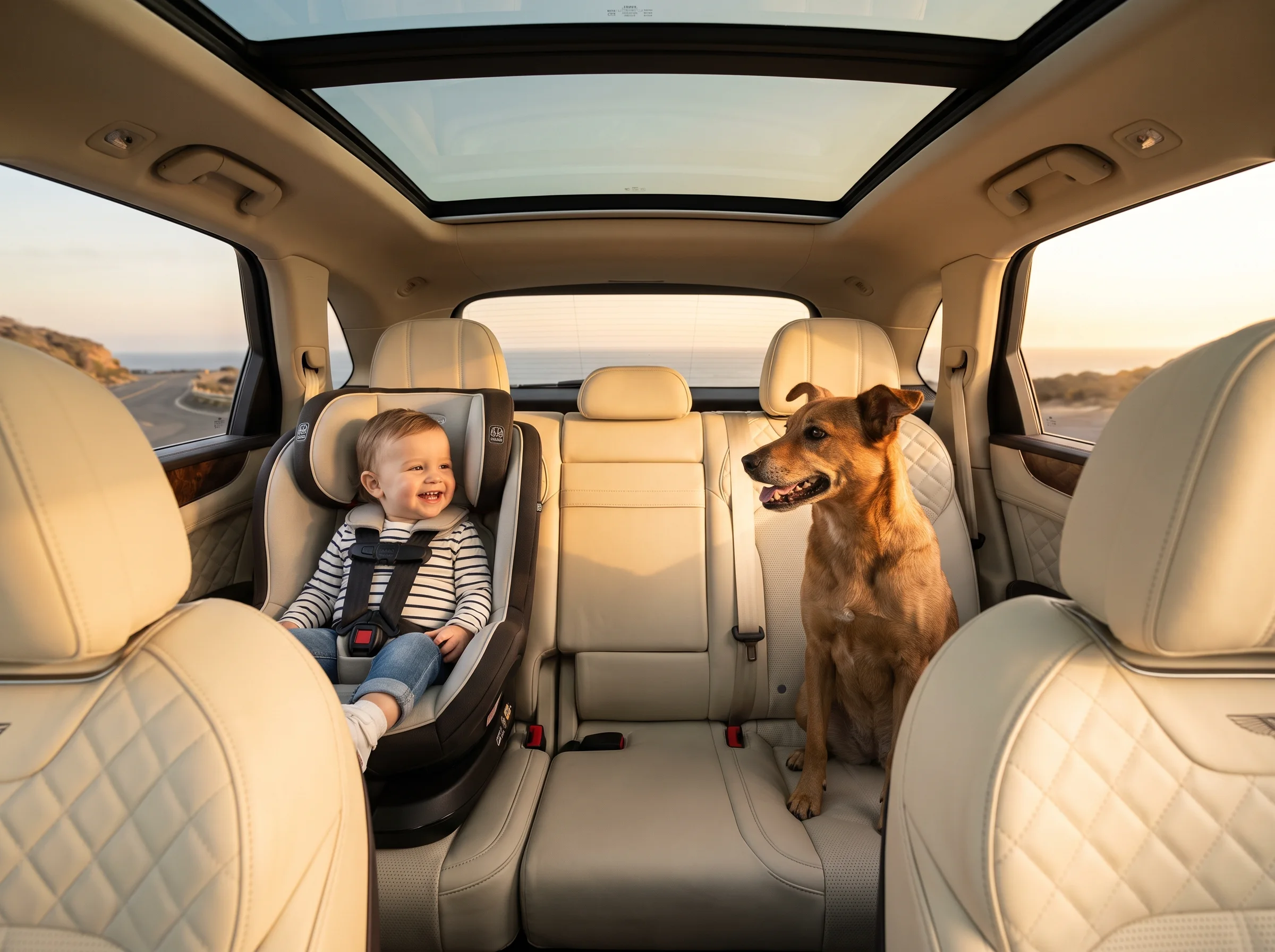 Vista de la cámara de día: un niño ríe en su silla de auto y un perro sentado a su lado en el asiento trasero, con la costa al atardecer por las ventanas
