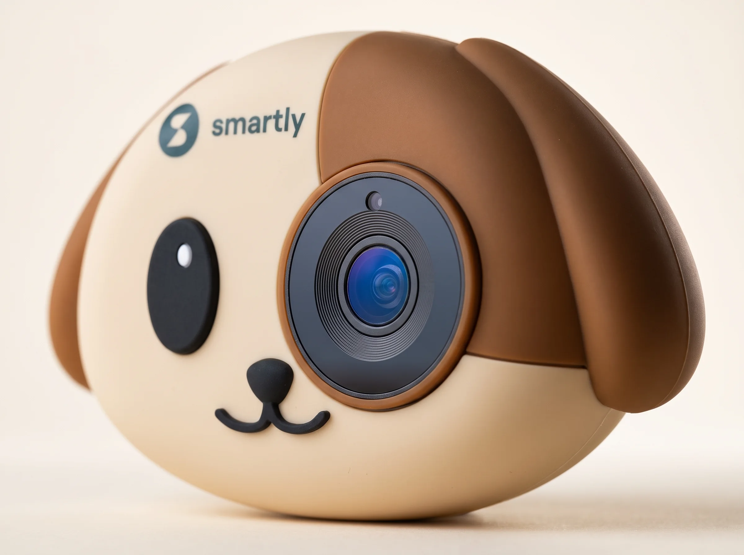 Primer plano de la cámara Smartly Cabin View: el lente gran angular con su anillo, el sensor infrarrojo sobre él y el logo smartly en el cuerpo beige