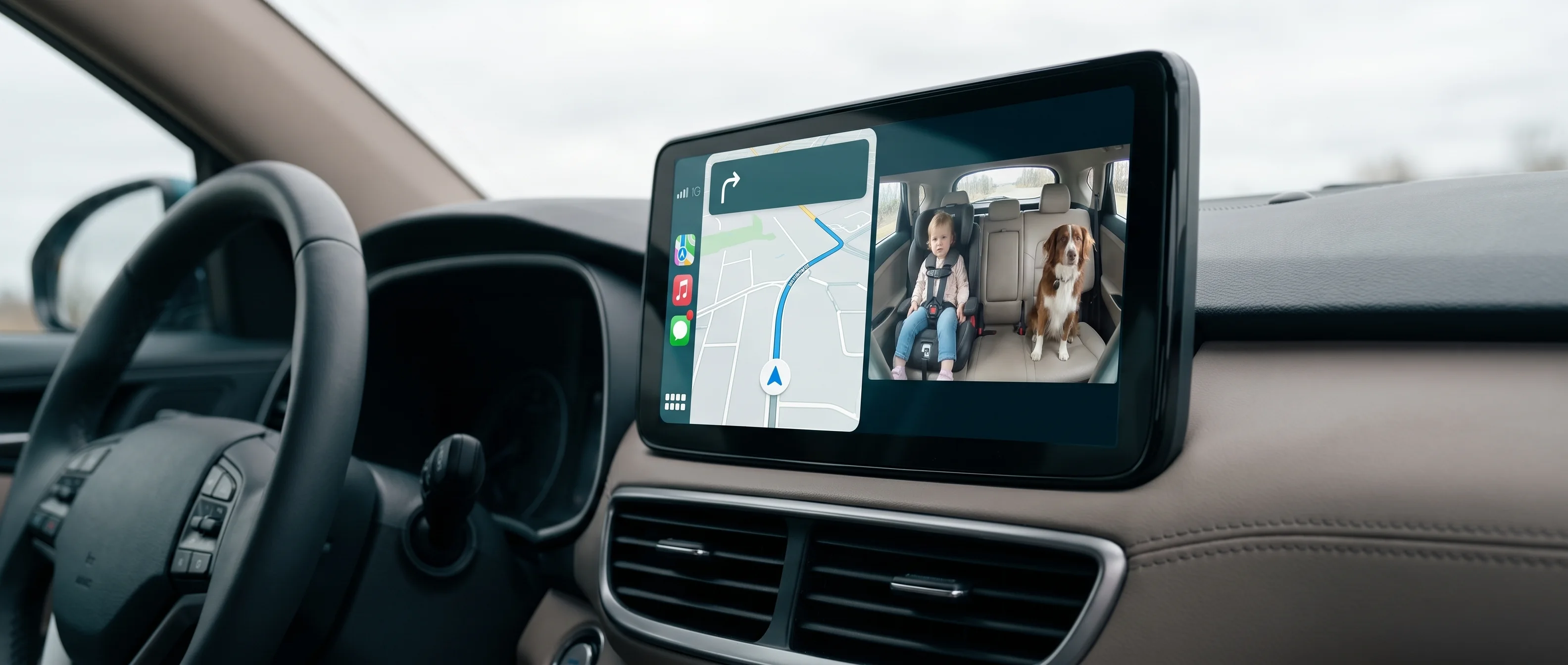 Pantalla del auto en modo dividido: el mapa de CarPlay a la izquierda y la vista de la cámara del asiento trasero a la derecha
