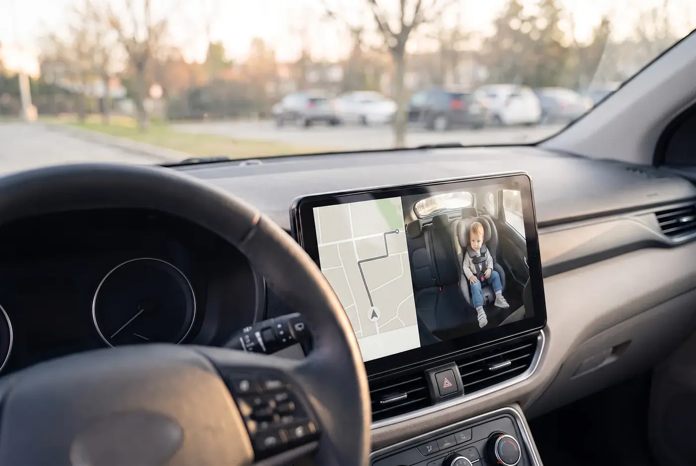 La misma pantalla encendida con el mapa y la cámara del asiento trasero