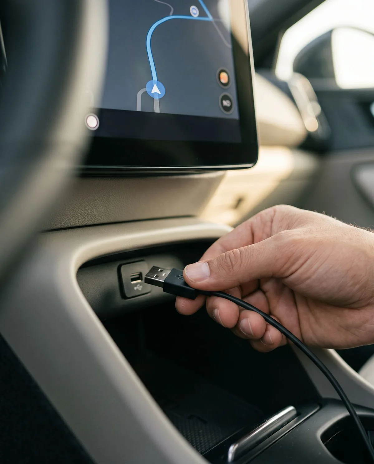 Mano conectando el cable USB al puerto del auto, con la pantalla del auto ya encendida mostrando el mapa