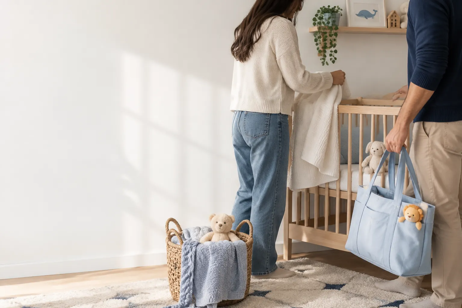 Familia preparando un luminoso rincón infantil con textiles blancos y detalles celestes y amarillos.