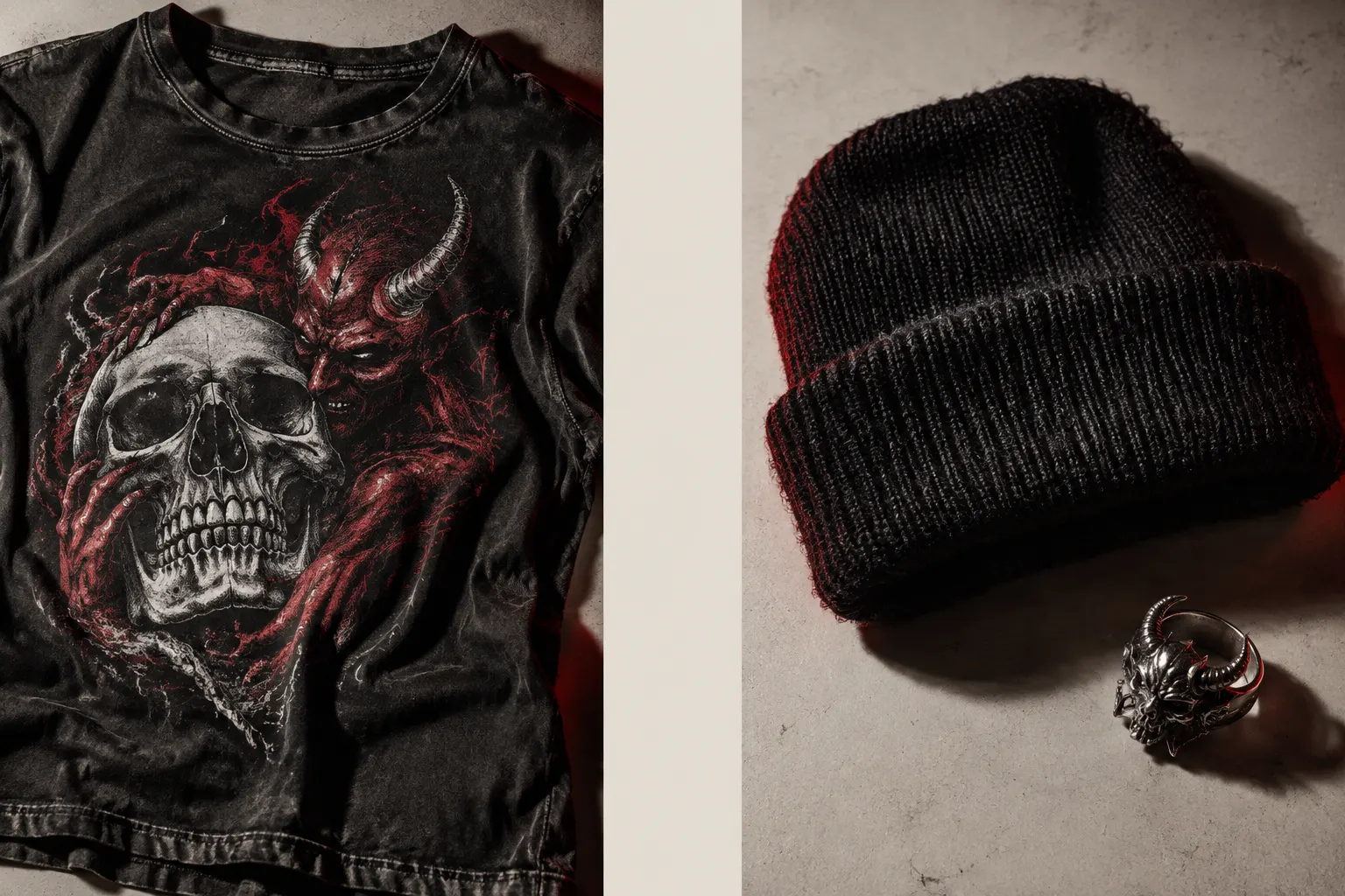 Close-up of a graphic black T-shirt beside a black knit beanie and metal accessory, separated by a blank cream panel.